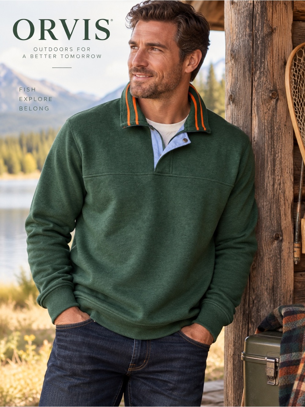 Orvis Men’s XL Green Quarter Snap Pullover Orange Trim Cotton Blend